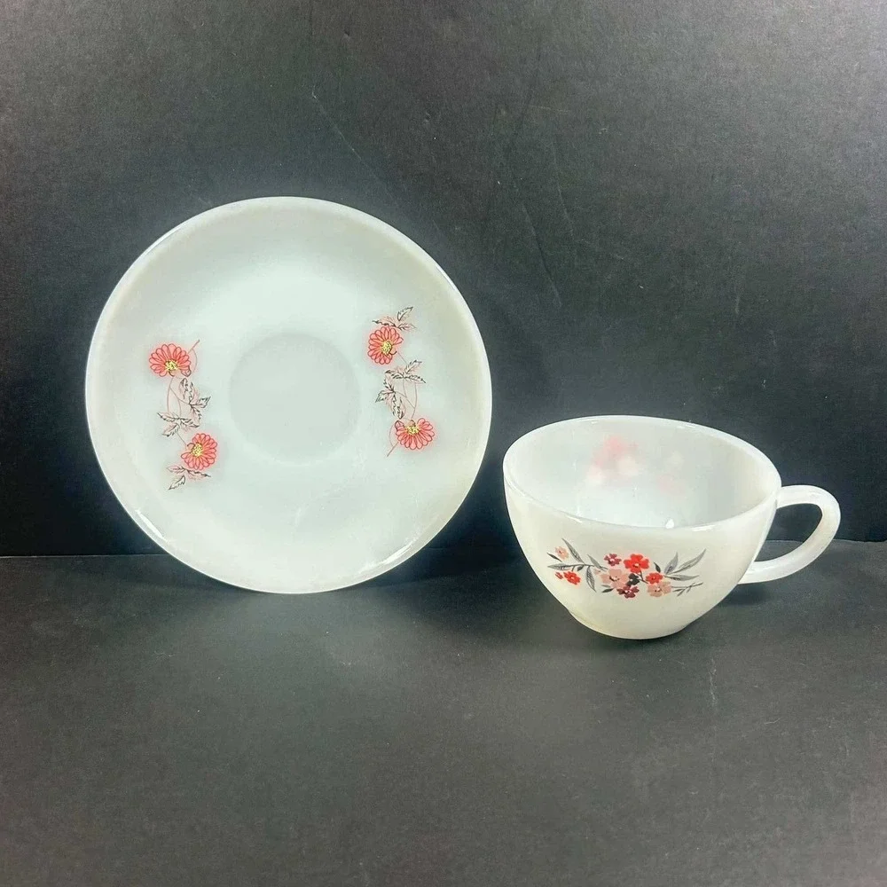 Fire-King Cup and Saucer Set White Floral Milk Glass Vintage Mid-Century